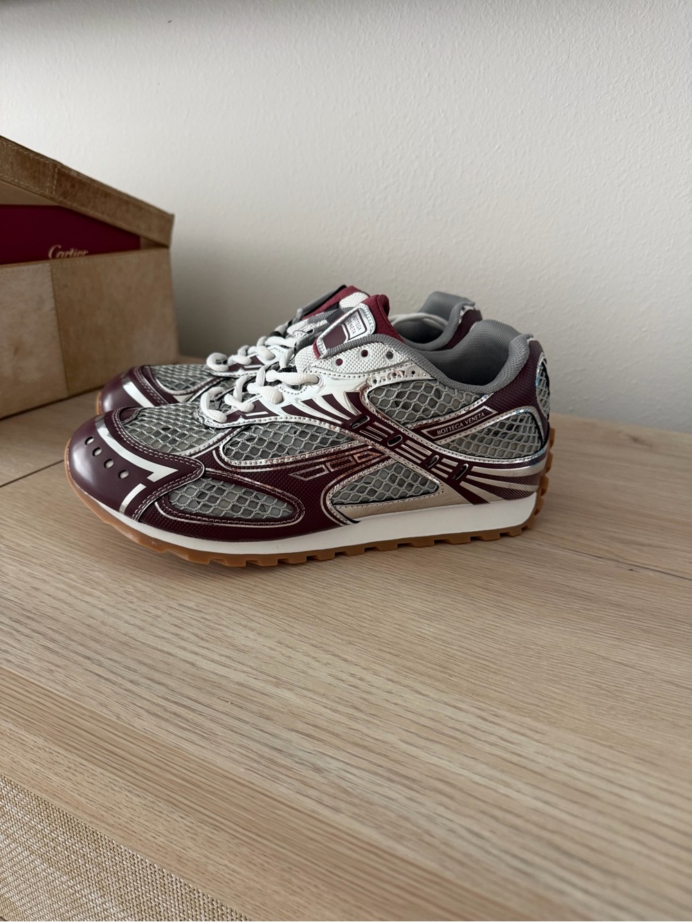 Bottega Veneta Men's Athletic Sneakers in Burgundy, Gray and Gum - Picture 2 of 3